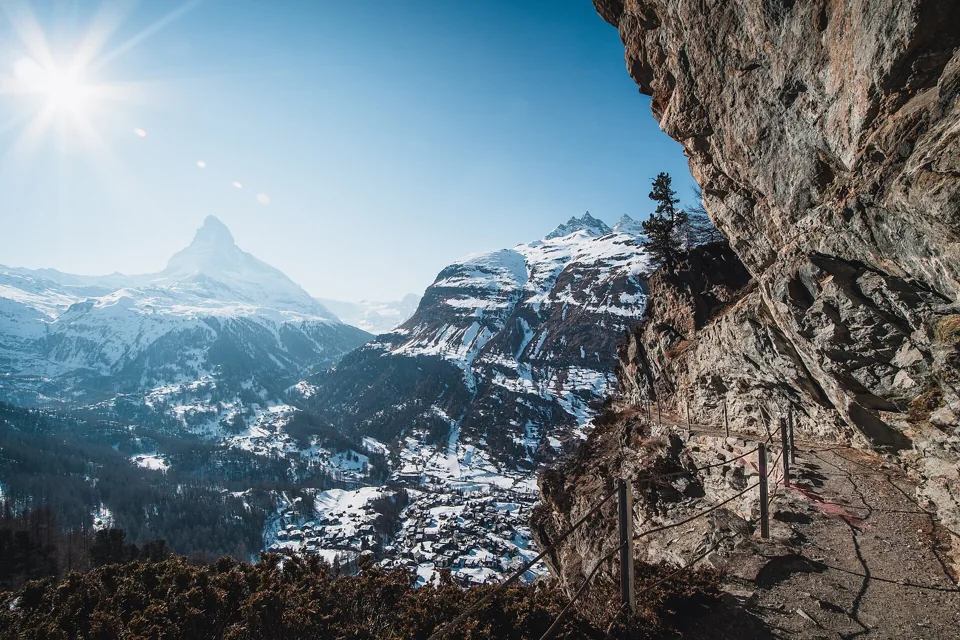 The Matterhorn above the snowy village of Zermatt
